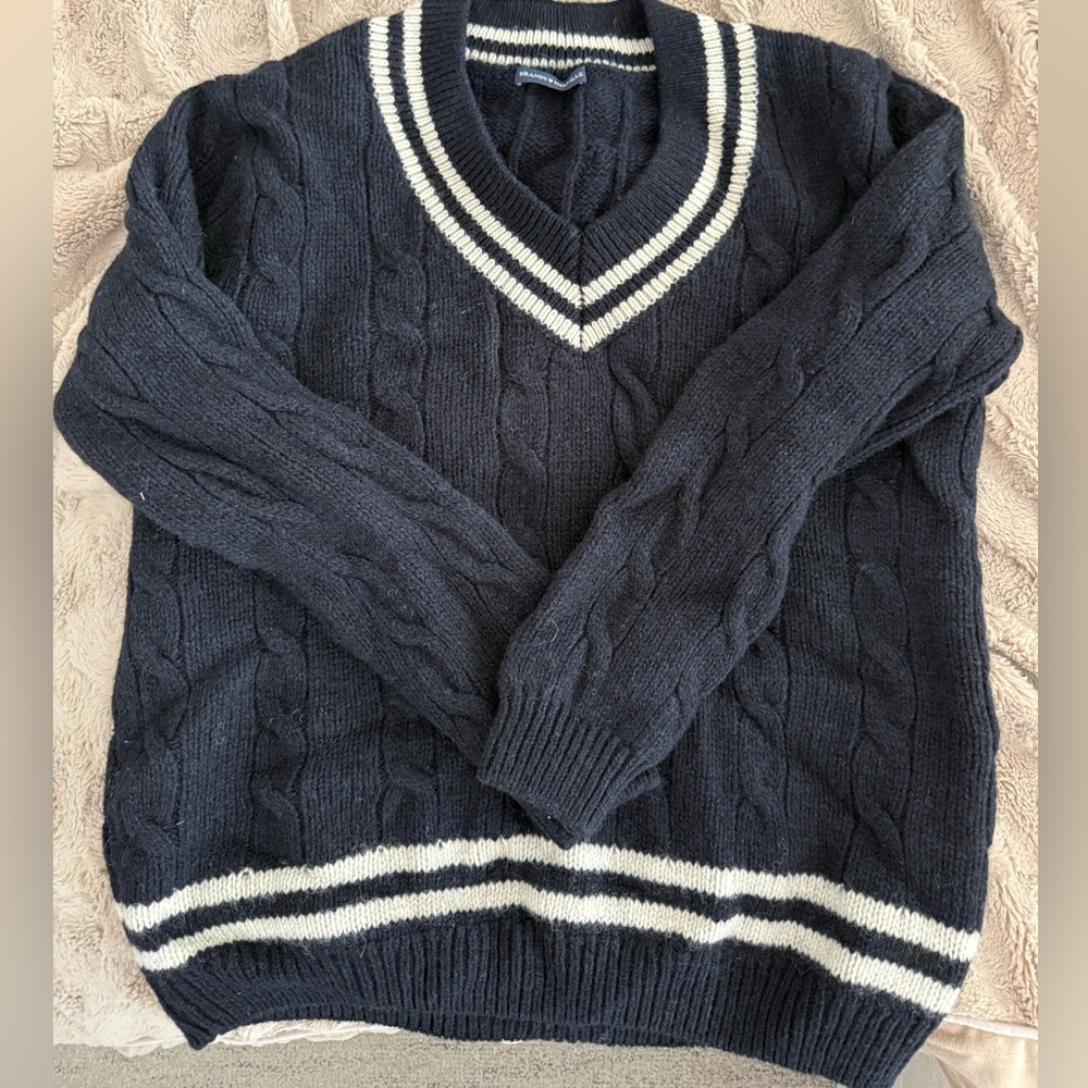 Brandy Melville Navy Blue Cable Knit wool Sweater with White Accents